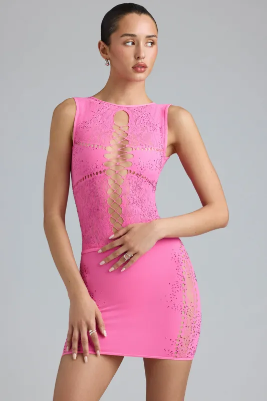 Embellished Lace-Up High-Neck Top in Bubblegum Pink made by Oh Polly