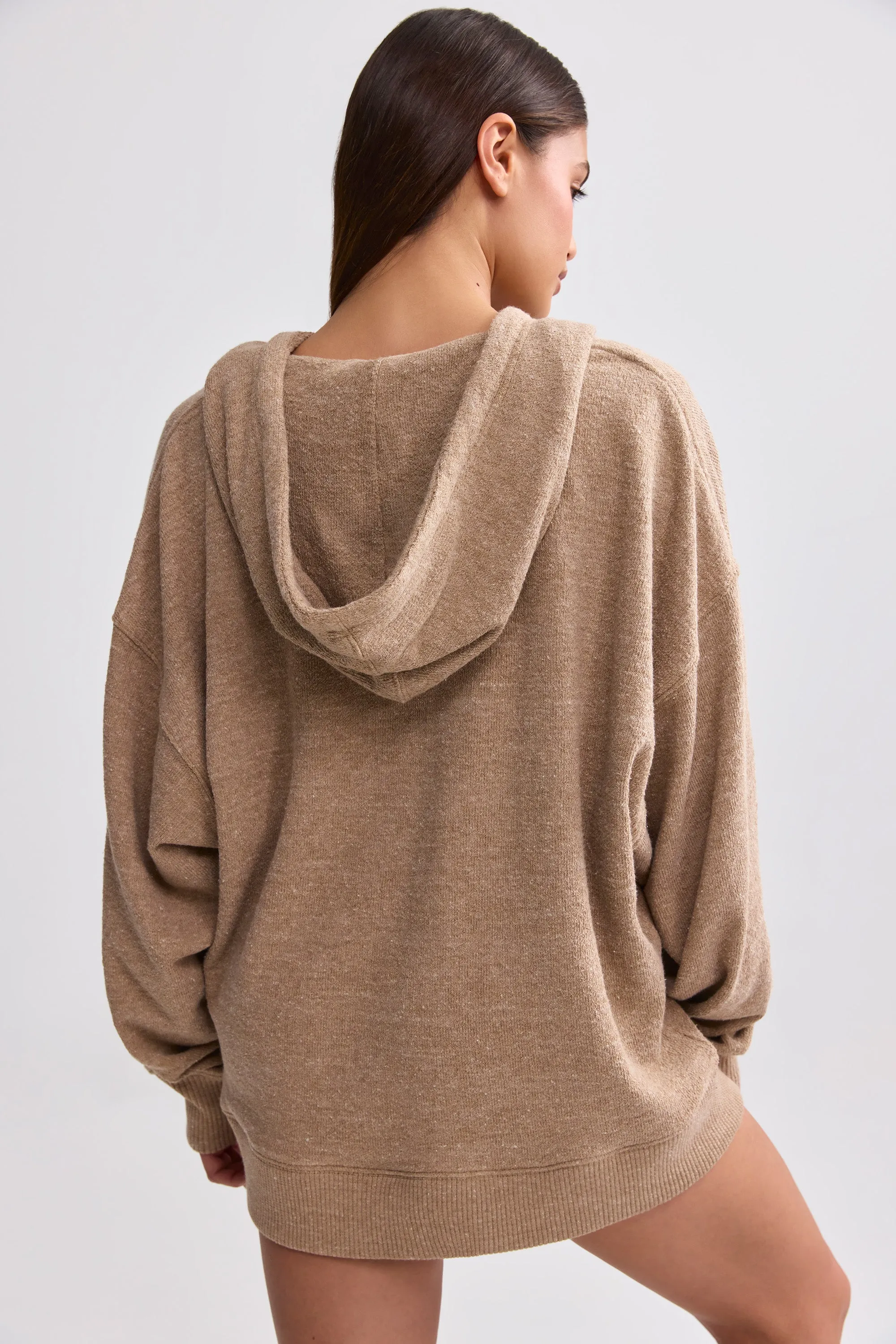 Terry Towelling V-Neck Hoodie in Mocha Brown sold by Oh Polly product image thumbnail 2