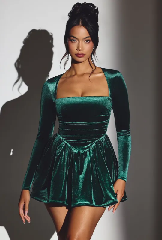 Velvet Long Sleeve Corset Mini Dress in Emerald Green sold by Oh Polly