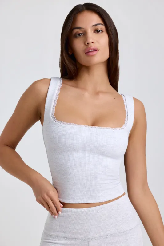 Ribbed Modal Lace-Trim Tank Top in Grey sold by Oh Polly