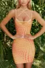 Cross Neck Printed Mesh Mini Dress in Orange sold by Oh Polly