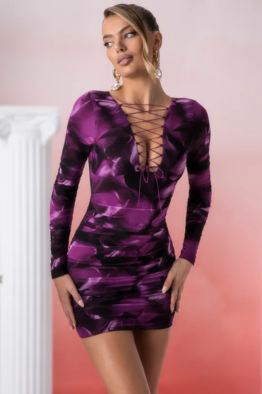 Lace Up Long Sleeve Mini Dress in Multi Print sold by Oh Polly