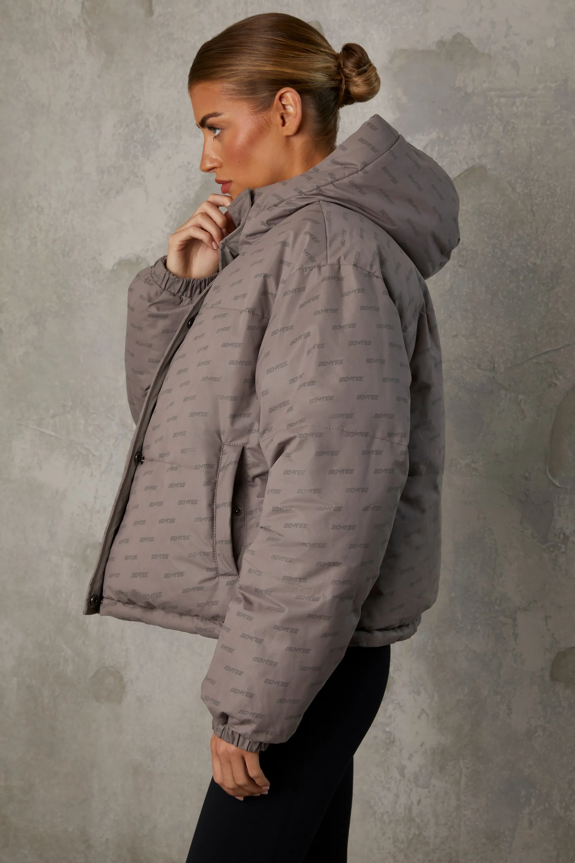 Reversible Hooded Puffer Jacket in Warm Gray sold by Oh Polly product image thumbnail 3