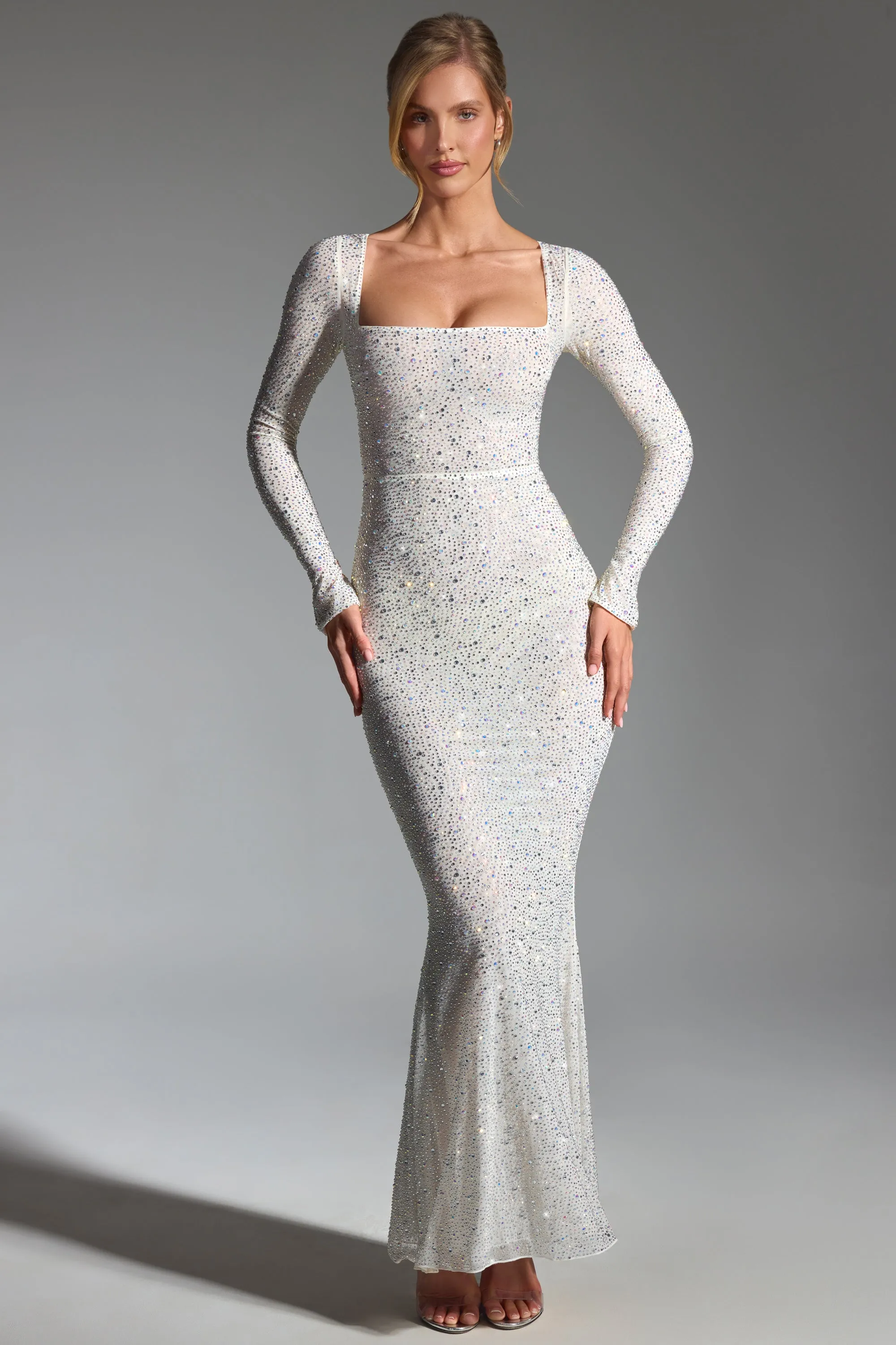 Embellished Fishtail Maxi Dress in White sold by Oh Polly