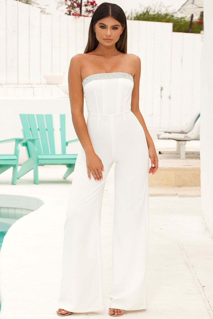 Just Bandeau Of Us Embellished Wide Leg Jumpsuit in White sold by Oh Polly product image thumbnail 10