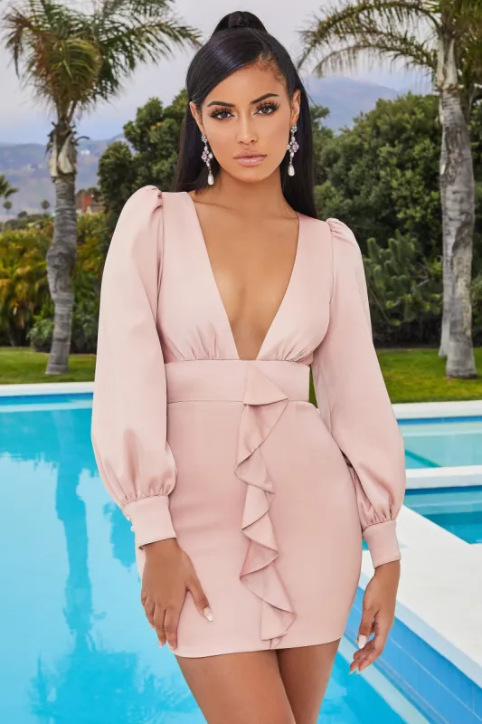 Get Wavey Puff Sleeve Plunge Satin Mini Dress in Dusky Pink sold by Oh Polly