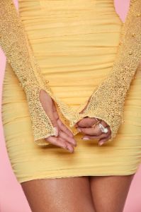 Embellished Long Sleeve Mini Dress in Yellow sold by Oh Polly