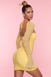 Embellished Long Sleeve Mini Dress in Yellow sold by Oh Polly
