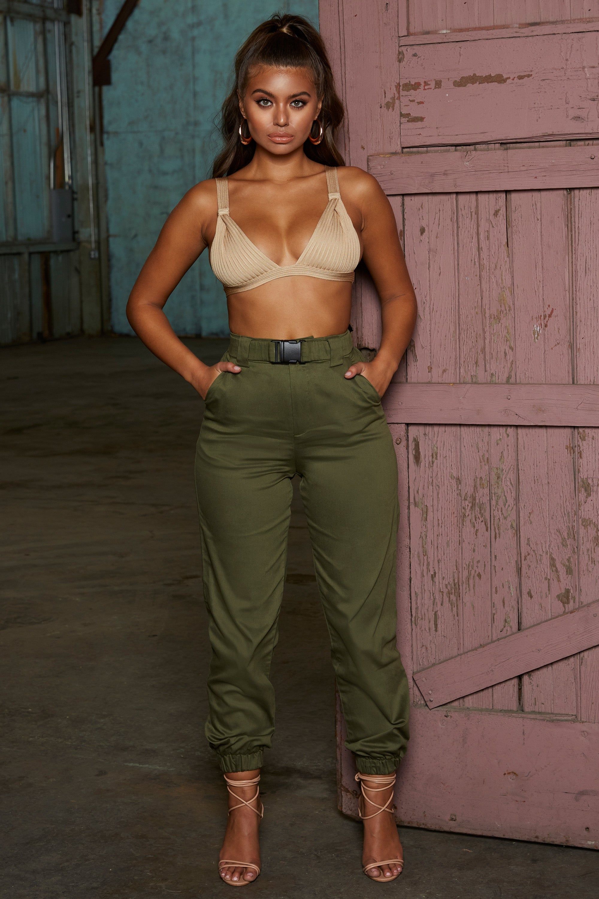 Reporting For Duty High Waisted Cargo Trousers in Khaki sold by Oh Polly