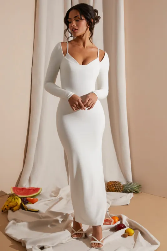 Long Sleeve Exposed Bra Maxi Dress in White sold by Oh Polly