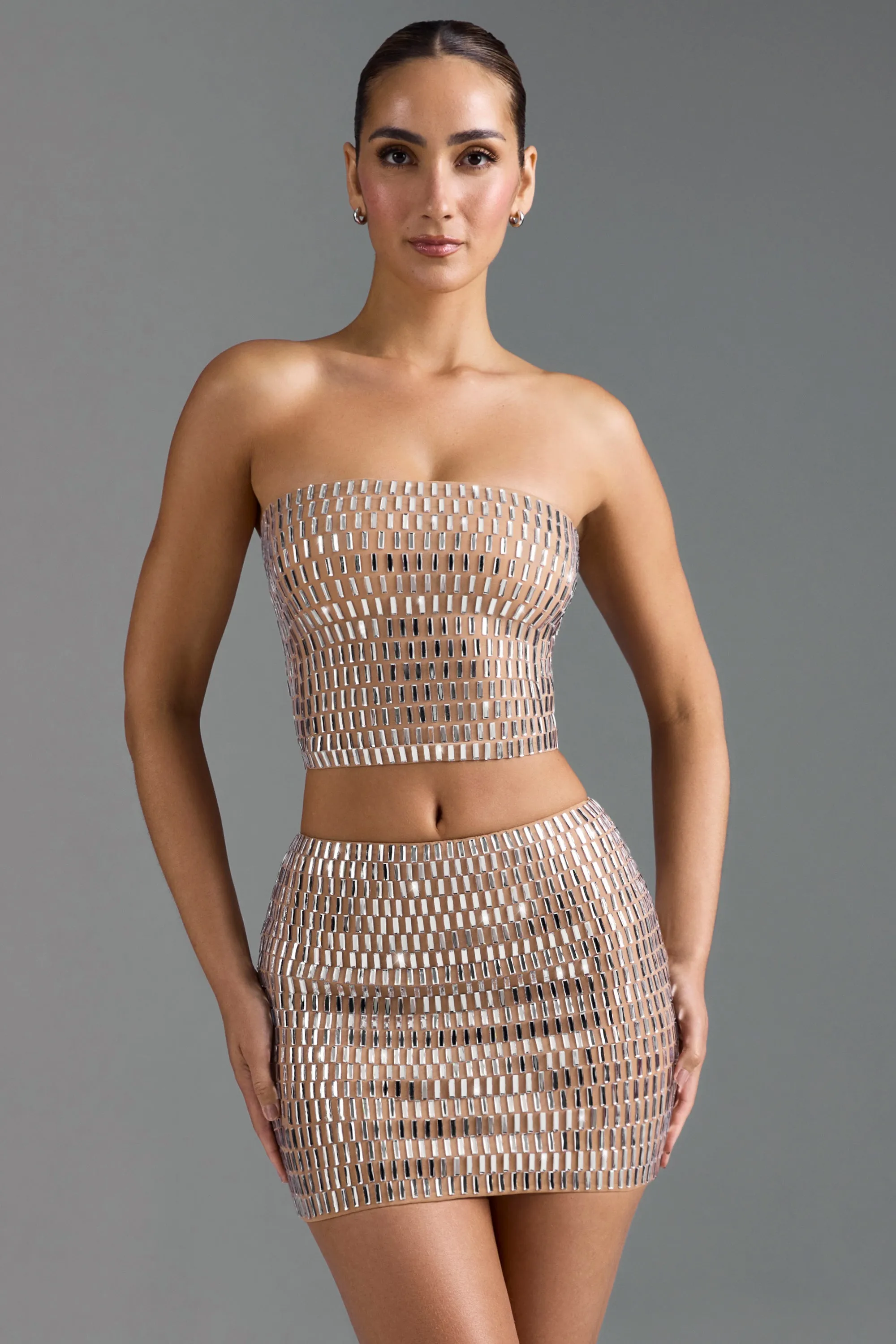 Embellished Low-Rise Micro Mini Skirt in Almond sold by Oh Polly product image thumbnail 5