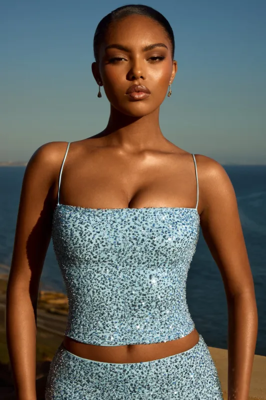 Embellished Square-Neck Top in Light Blue sold by Oh Polly