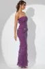 Embellished Strapless Ruffle Maxi Dress in Plum sold by Oh Polly
