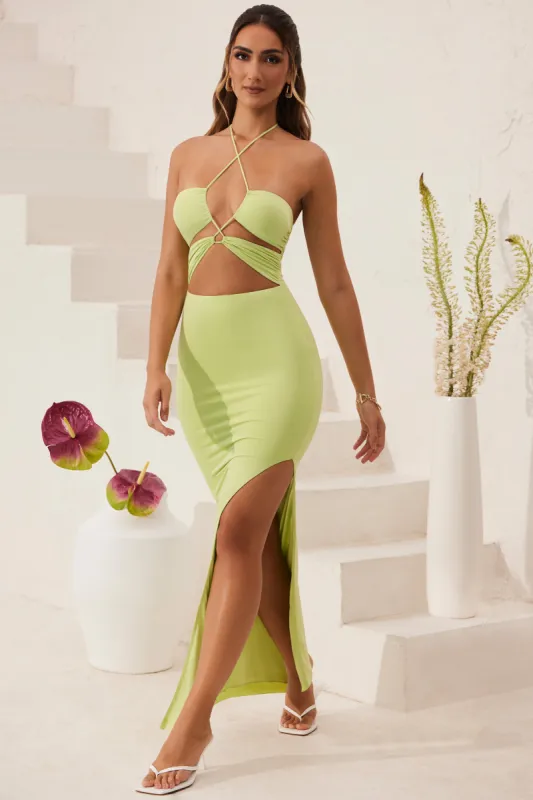 Cut Out Halter Neck Floor Length Maxi Dress in Lime Green sold by Oh Polly