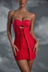 Lace Up Bandeau Mini Dress in Red sold by Oh Polly