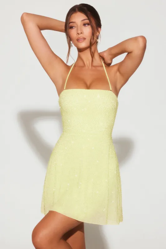 Embellished Multi Wear A-Line Mini Dress in Lime Green made by Oh Polly