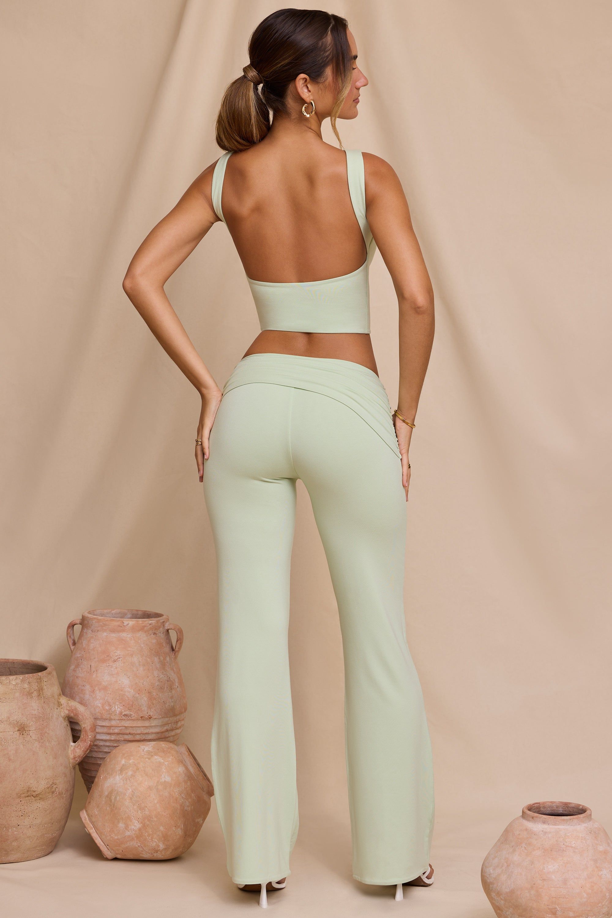 Petite Mid Rise Straight Leg Trousers in Light Sage sold by Oh Polly product image thumbnail 2