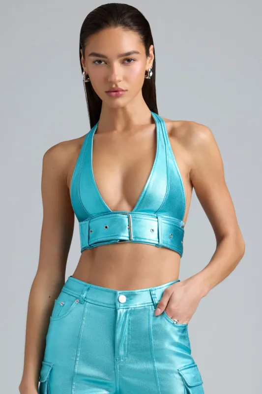 Metallic Denim Belted Crop Top in Aqua sold by Oh Polly