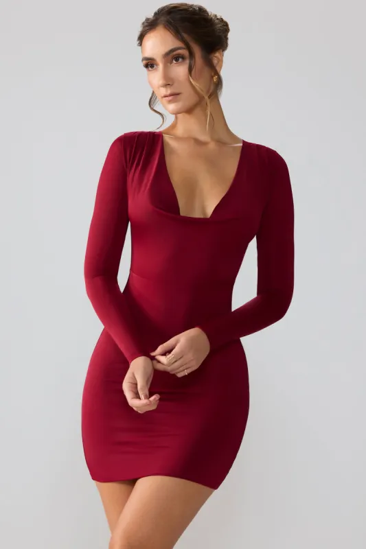 Slinky Jersey Long Sleeve Plunge Neck Mini Dress in Ruby sold by Oh Polly