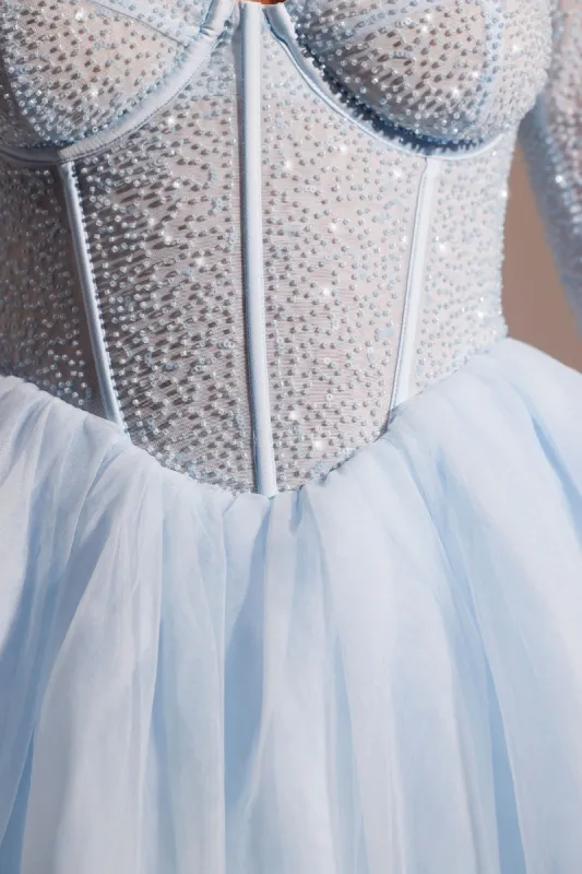 embellished long sleeve tulle skirt mini dress in blue Embellished Long Sleeve Tulle Skirt Mini Dress in Blue
