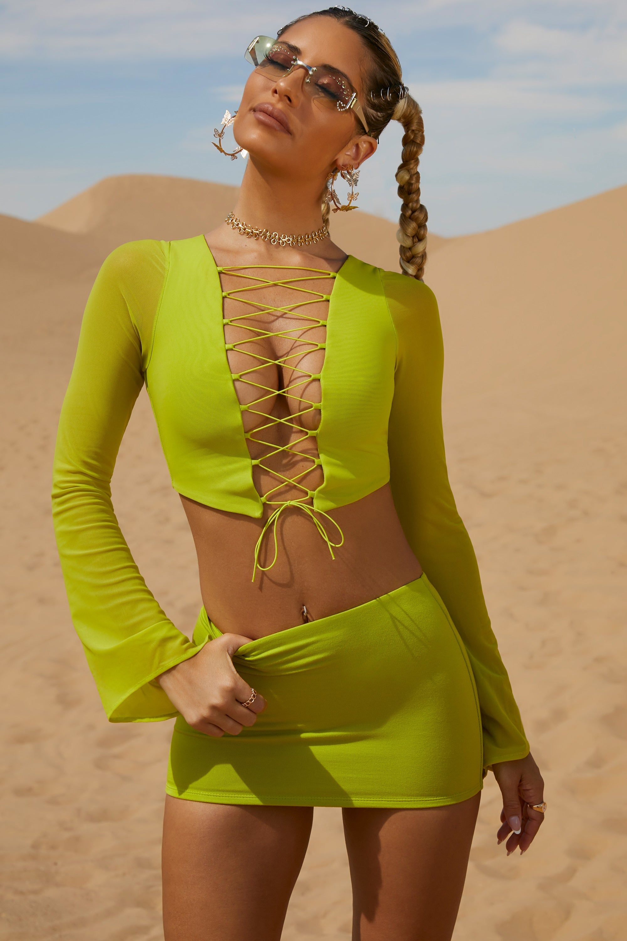 Lace Up Long Sleeve Crop Top in Lime sold by Oh Polly product image thumbnail 5