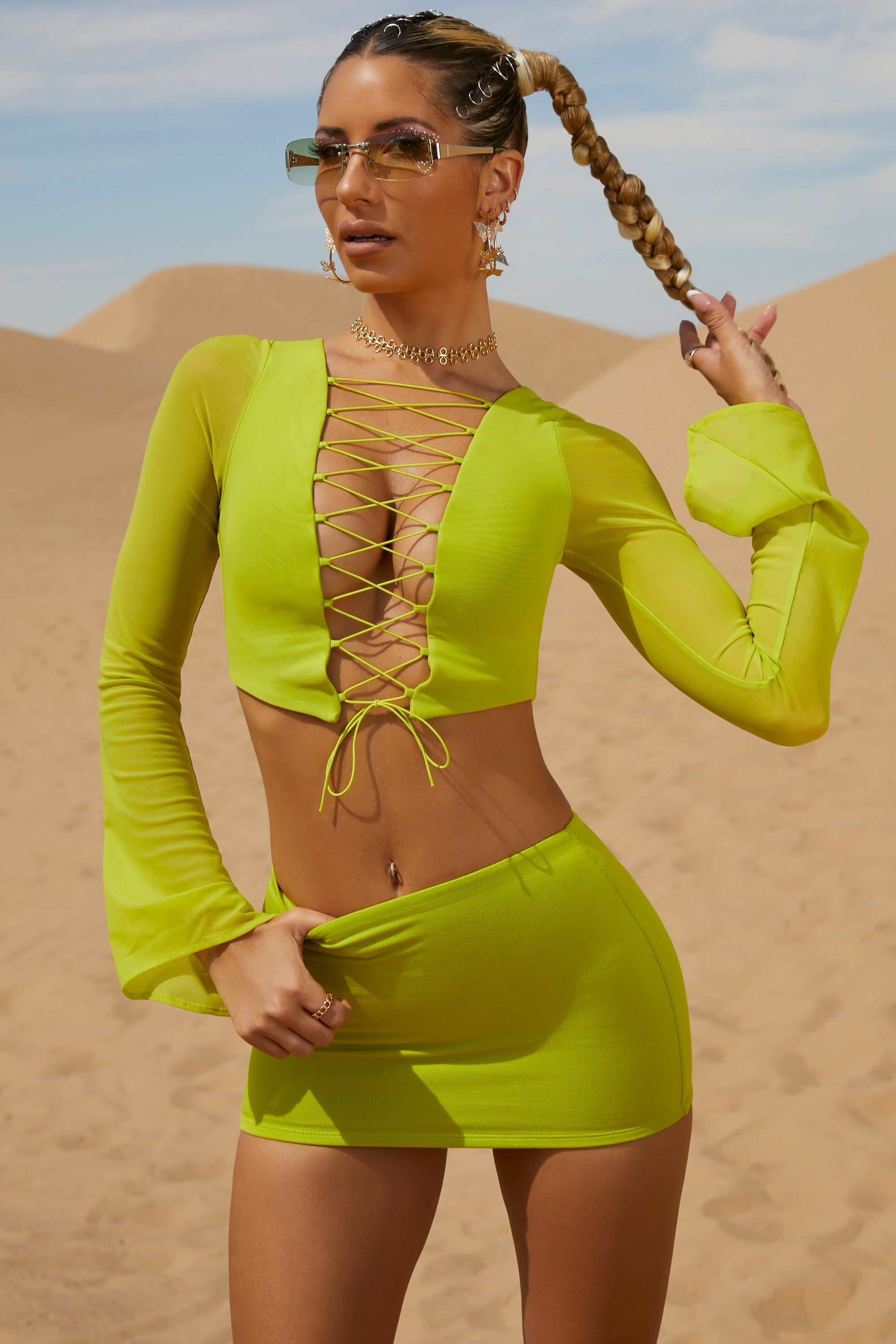 Lace Up Long Sleeve Crop Top in Lime sold by Oh Polly product image thumbnail 4