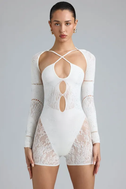 Embellished Cut-Out Unitard in Ivory sold by Oh Polly