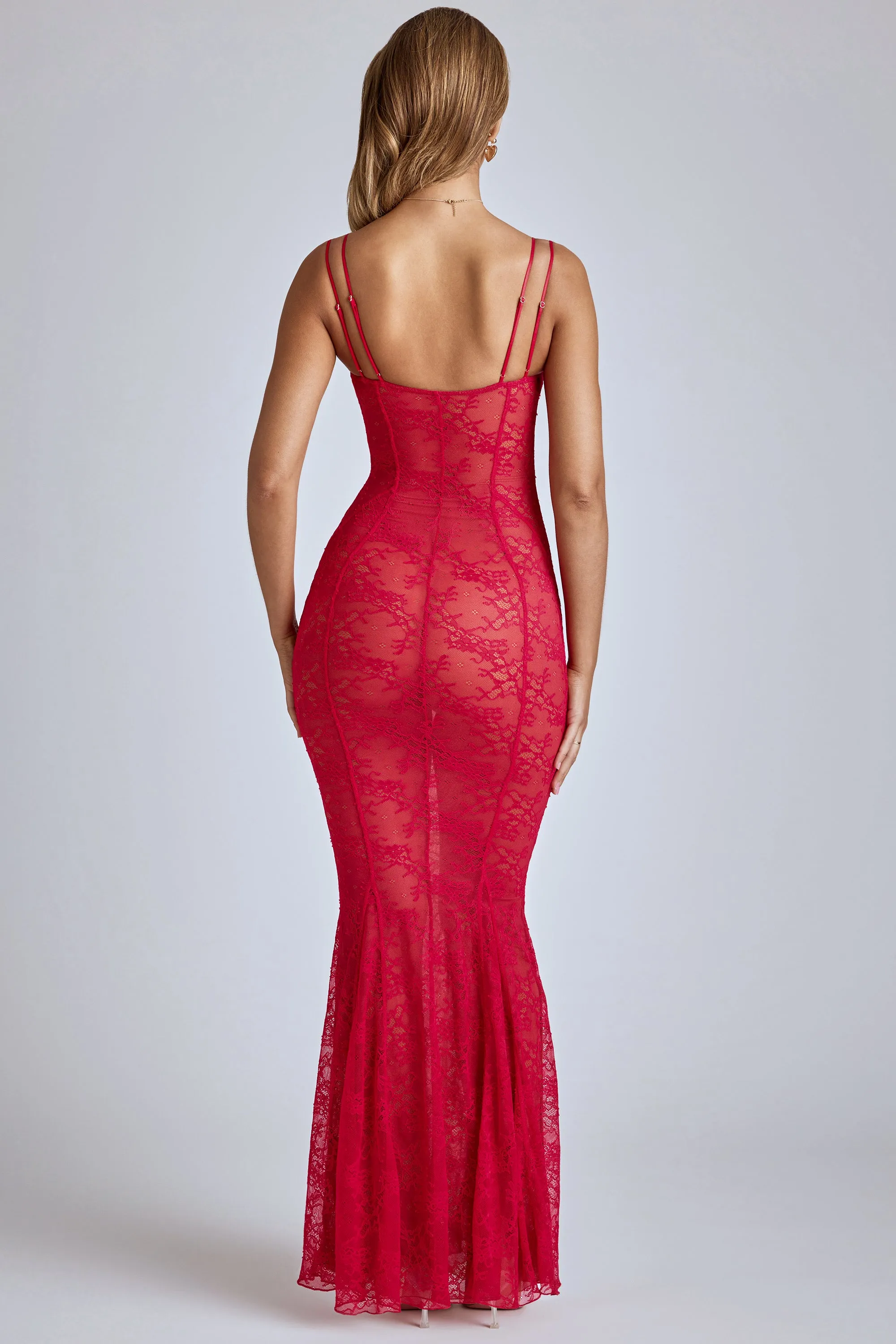 Sheer Lace Fishtail Gown in Cherry Red sold by Oh Polly product image thumbnail 2