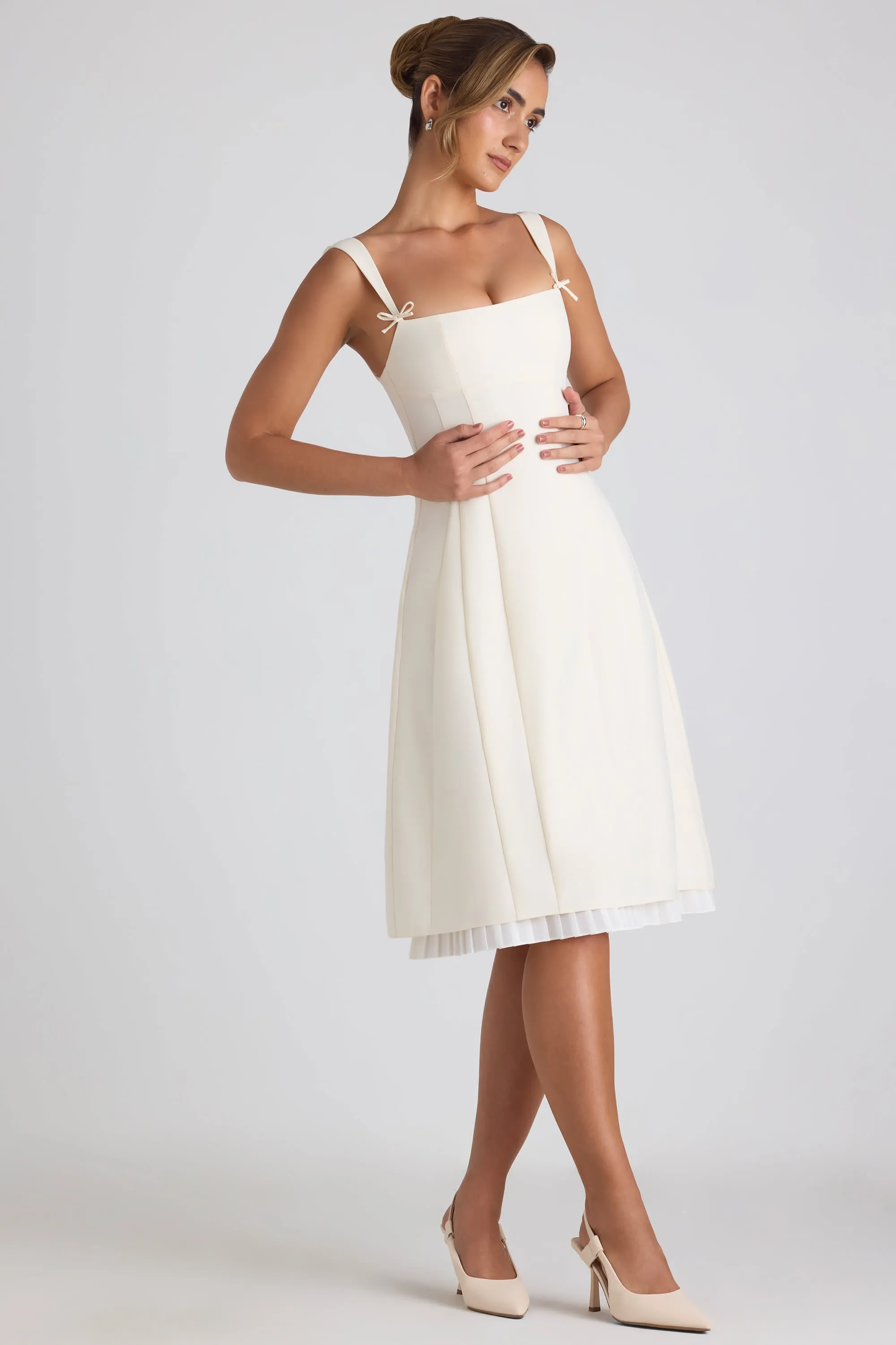 Bow-Detail Pleated A-Line Midi Dress in Ivory sold by Oh Polly product image thumbnail 4