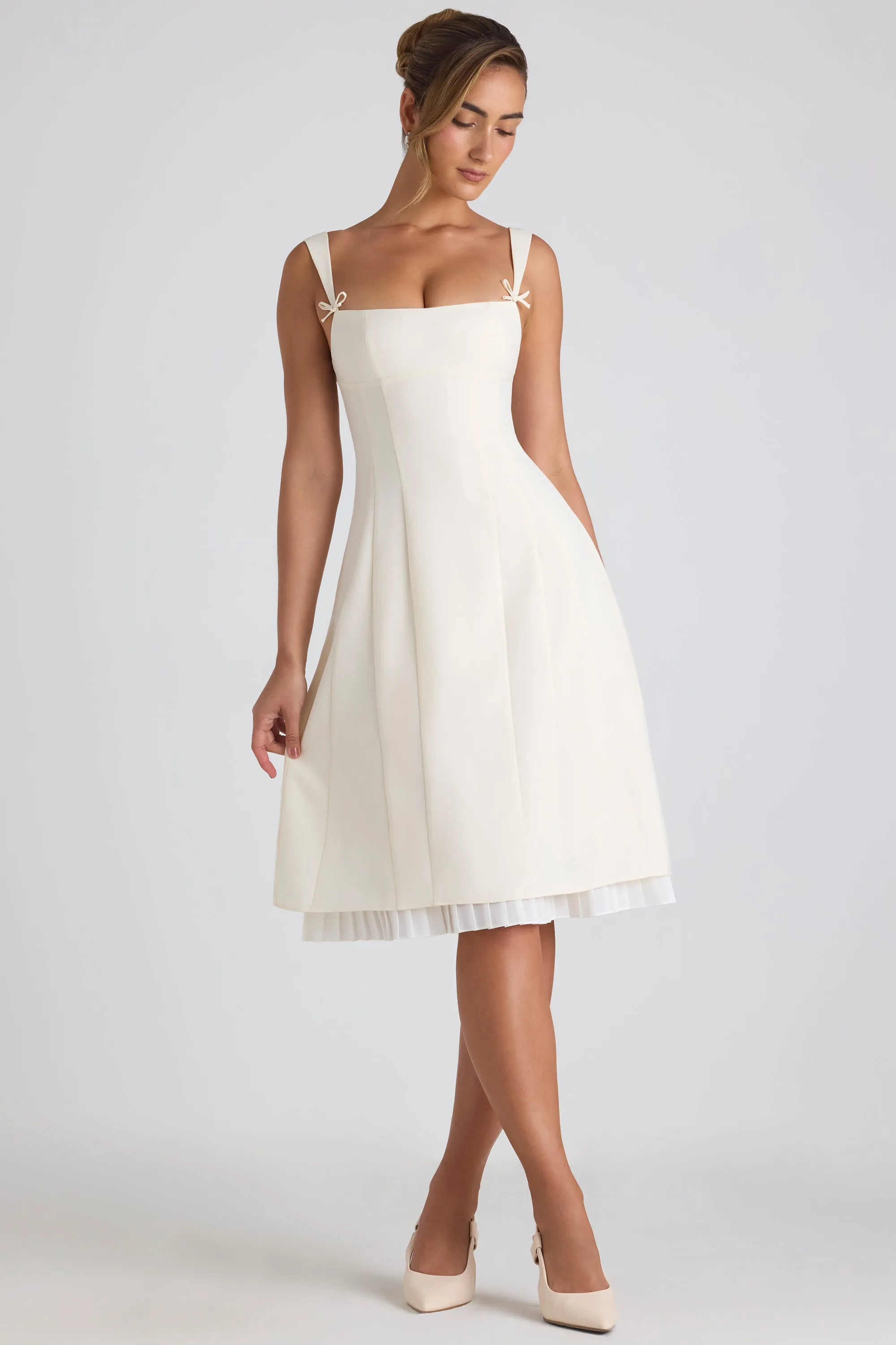 Bow-Detail Pleated A-Line Midi Dress in Ivory sold by Oh Polly