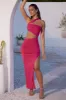 Asymmetric Neckline Ruched Cut Out Maxi Dress in Fuchsia sold by Oh Polly