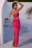 Asymmetric Neckline Ruched Cut Out Maxi Dress in Fuchsia sold by Oh Polly