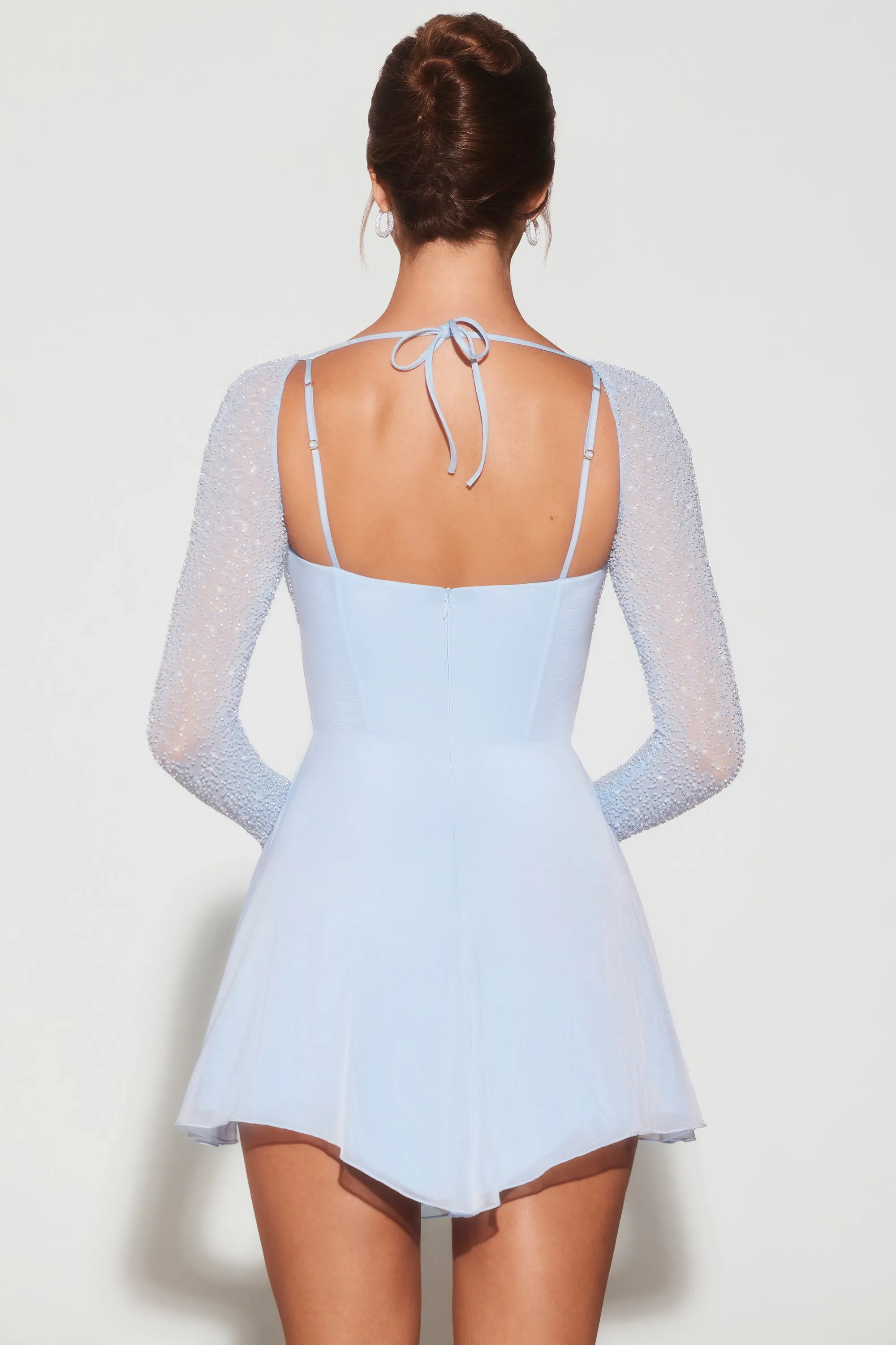 embellished long sleeve angled hem mini dress in blue Embellished Long Sleeve Angled Hem Mini Dress in Blue