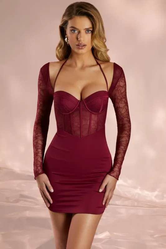 Intimate Feelings Long Sleeve Corset Mini Dress in Wine sold by Oh Polly