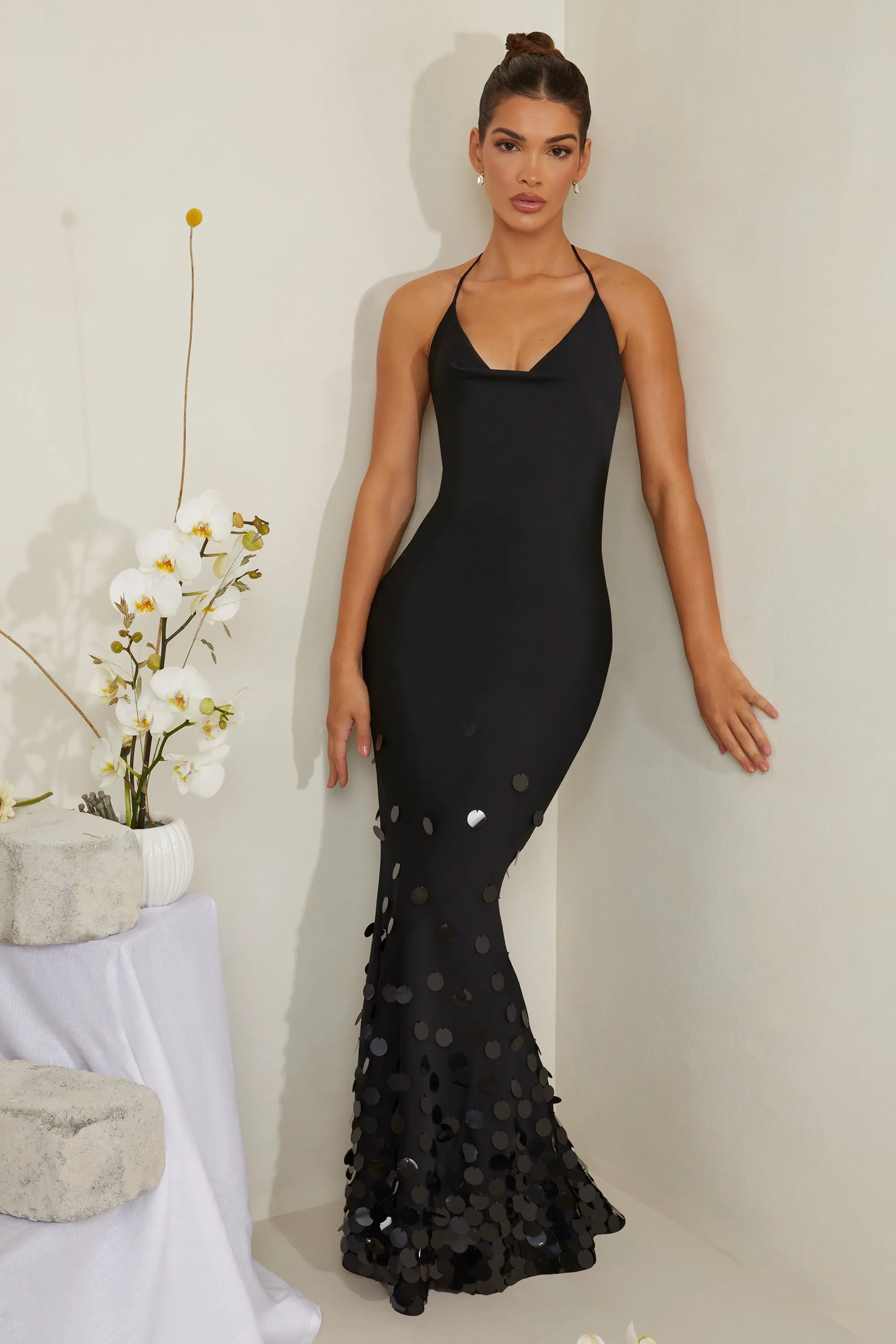 Cowl Neck Embellished Satin Maxi Dress in Black | Parallel