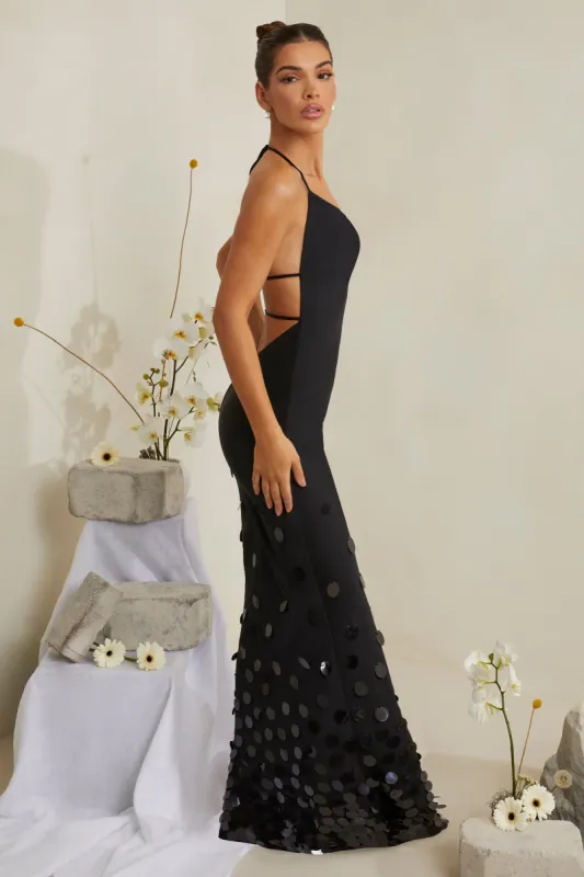 cowl neck embellished satin maxi dress in black Maelia | Black Satin Cowl-Neck Maxi Dress With Diamante Straps