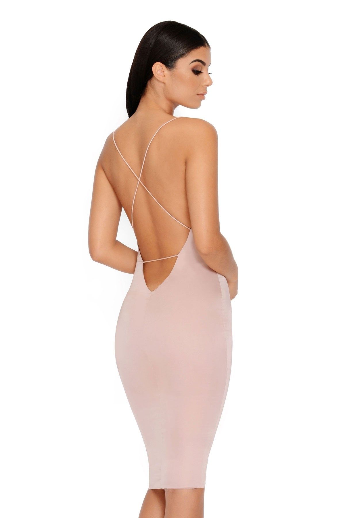 Feelin' Myself Strappy Satin Midi Dress in Blush sold by Oh Polly