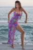 Halter Neck Thigh High Slit Maxi Beach Dress in Purple Print sold by Oh Polly