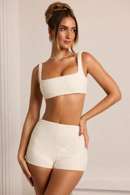 Embellished High Waist Hot Pant Shorts in White sold by Oh Polly
