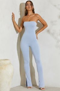 Strapless Flared Hem Jumpsuit in Light Blue sold by Oh Polly