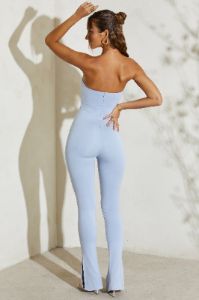 Strapless Flared Hem Jumpsuit in Light Blue sold by Oh Polly