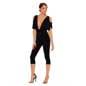 Take The Plunge Cold Shoulder Cropped Jumpsuit in Black sold by Oh Polly