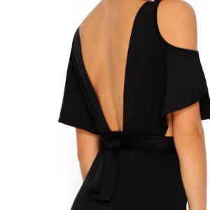 Take The Plunge Cold Shoulder Cropped Jumpsuit in Black sold by Oh Polly