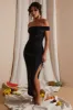 Off The Shoulder High Slit Maxi Dress in Black sold by Oh Polly