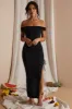 Off The Shoulder High Slit Maxi Dress in Black sold by Oh Polly
