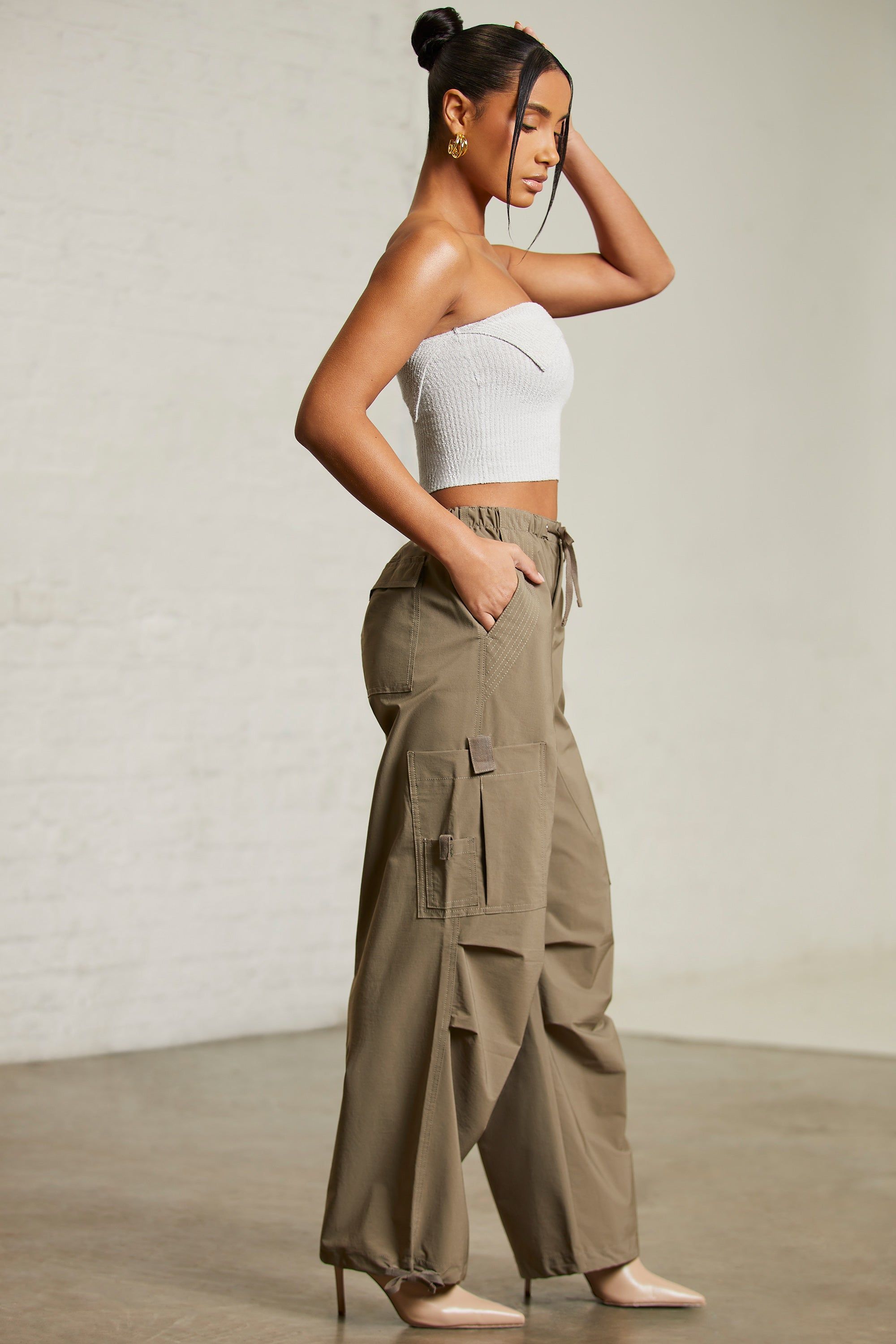 Petite Wide Leg Cargo Trousers in Green sold by Oh Polly product image thumbnail 3