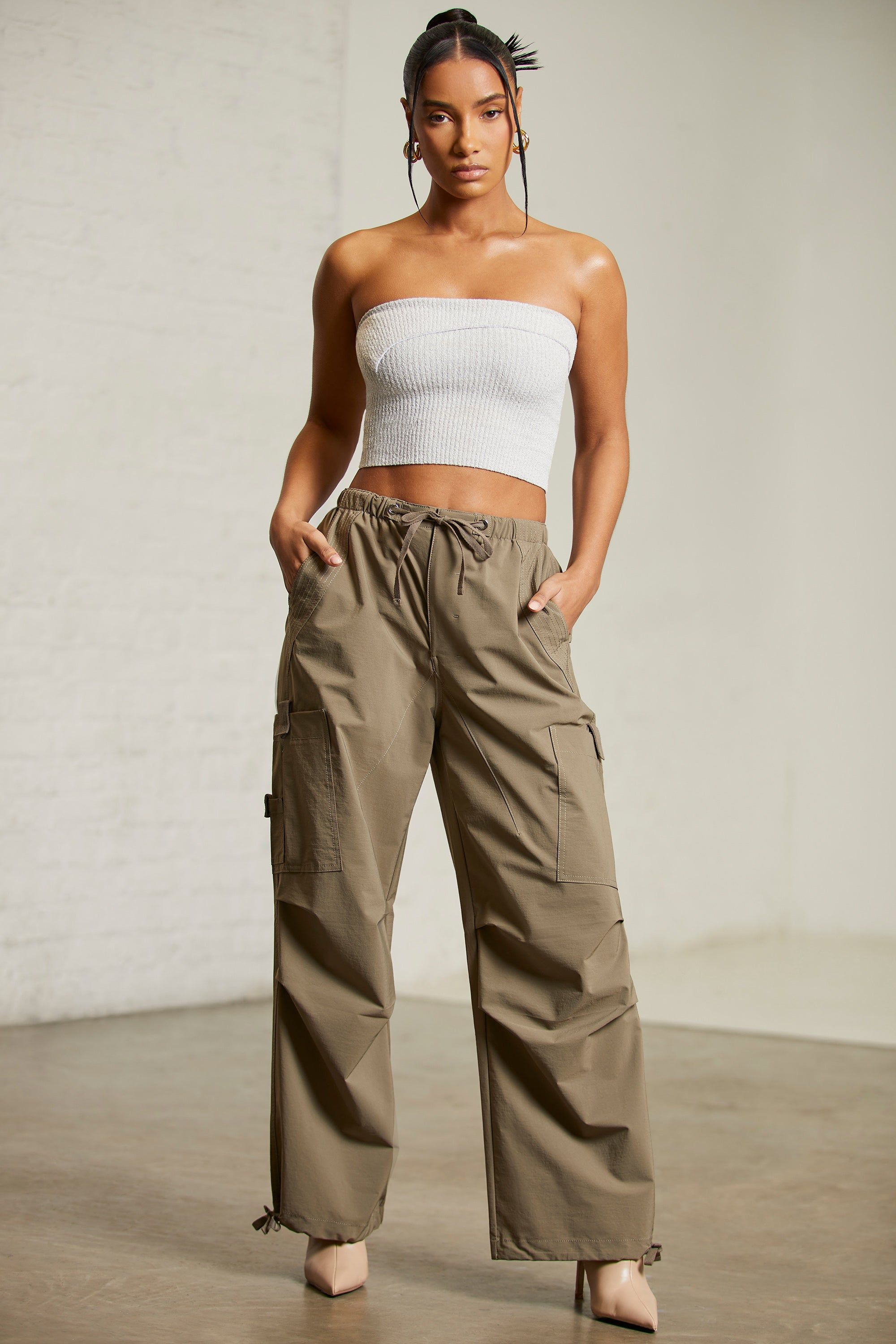Petite Wide Leg Cargo Trousers in Green sold by Oh Polly product image thumbnail 4