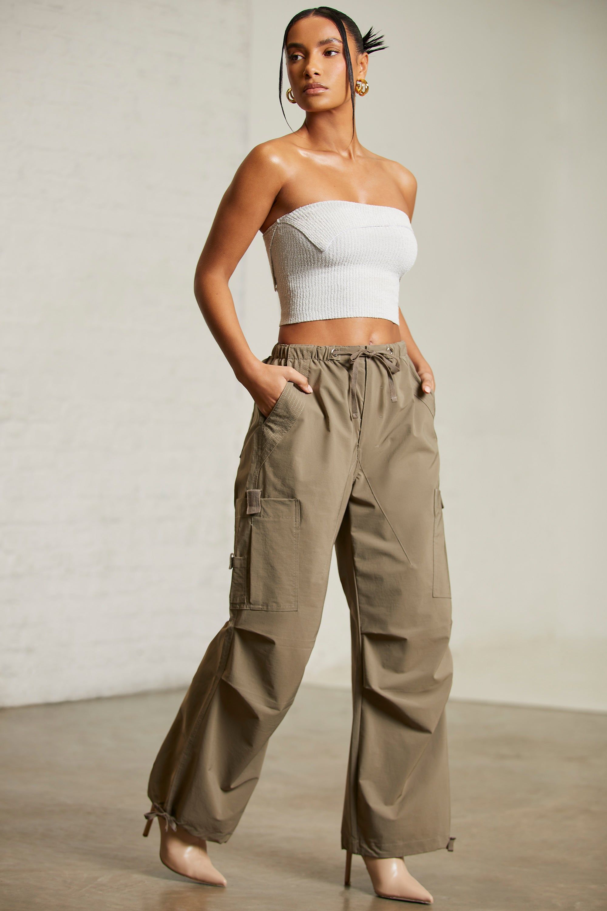 Petite Wide Leg Cargo Trousers in Green sold by Oh Polly product image thumbnail 5