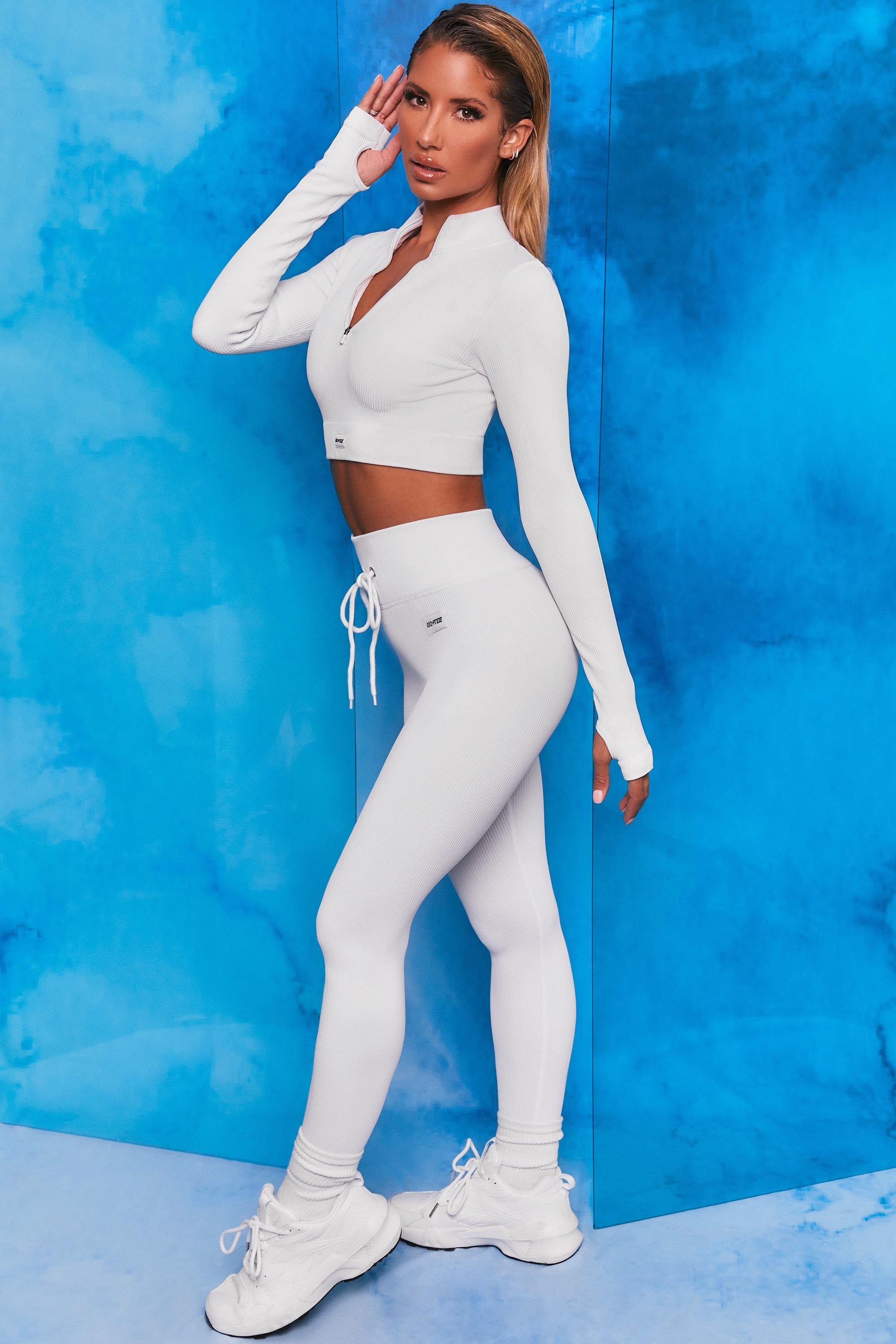 Endure Ribbed Long Sleeve Half Zip Crop Top in White sold by Oh Polly product image thumbnail 7