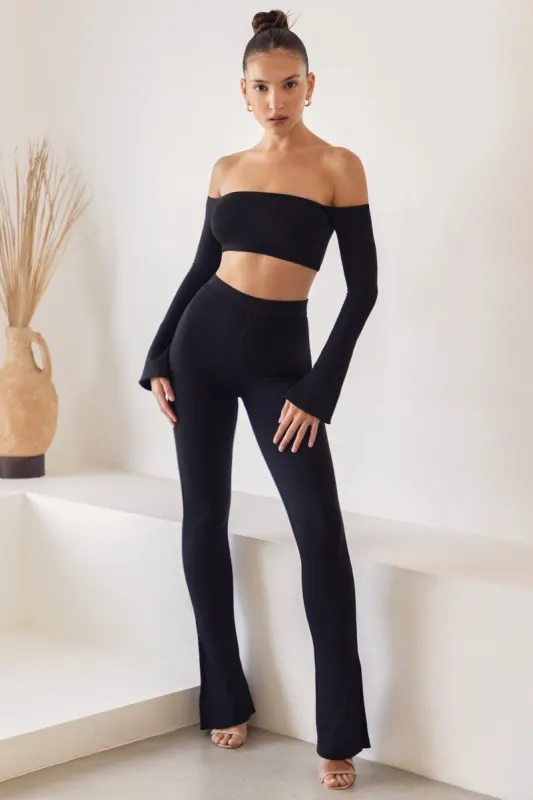 Tall High Waist Split Flare Leggings in Black sold by Oh Polly